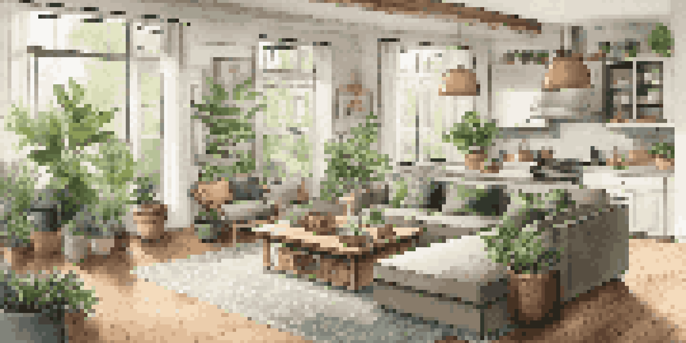 A bright and inviting open concept living room with large windows, comfortable seating, and an integrated kitchen, showcasing natural light and indoor plants.