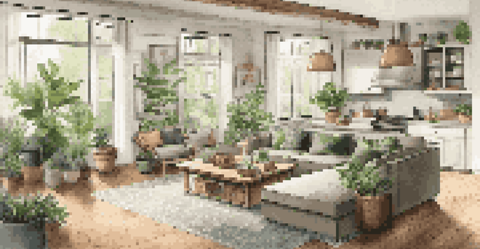 A bright and inviting open concept living room with large windows, comfortable seating, and an integrated kitchen, showcasing natural light and indoor plants.