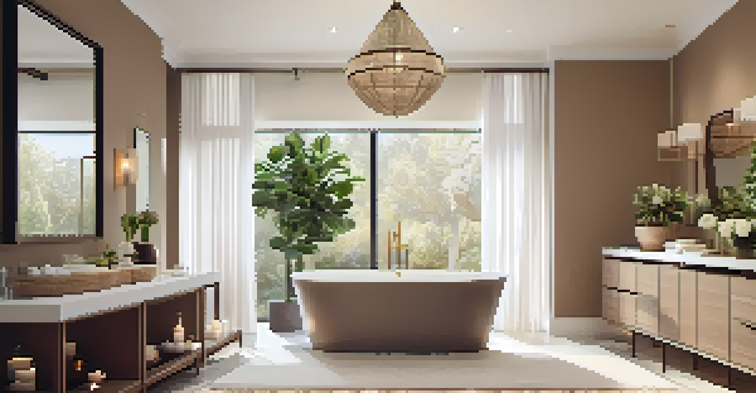 A luxurious bathroom with a freestanding tub, large mirror, and warm lighting, enhanced by plants and candles for a spa-like feel.