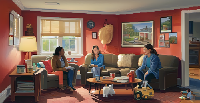 A family discussing fire safety measures in a cozy living room with a smoke detector and fire extinguisher visible.