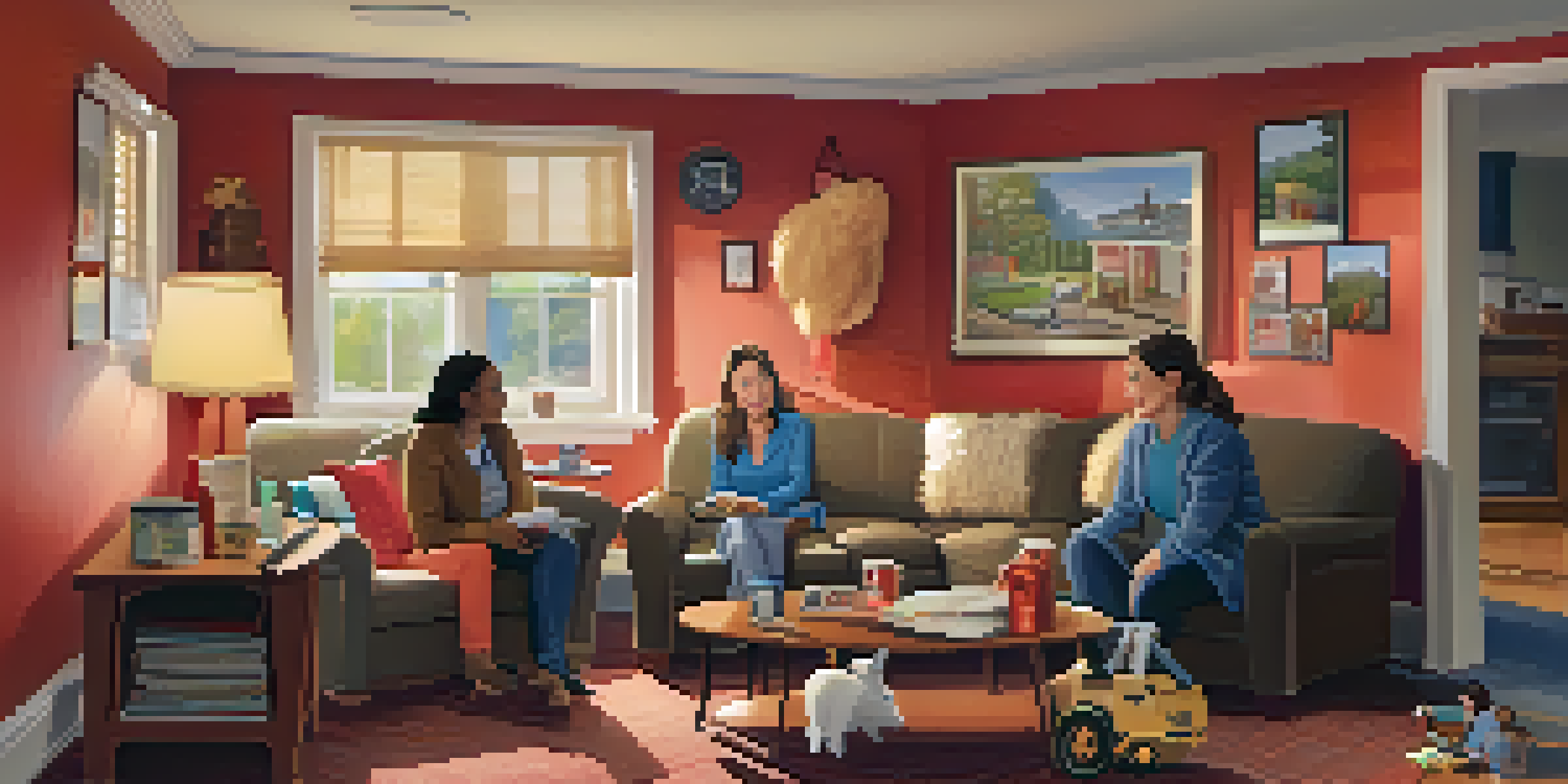 A family discussing fire safety measures in a cozy living room with a smoke detector and fire extinguisher visible.