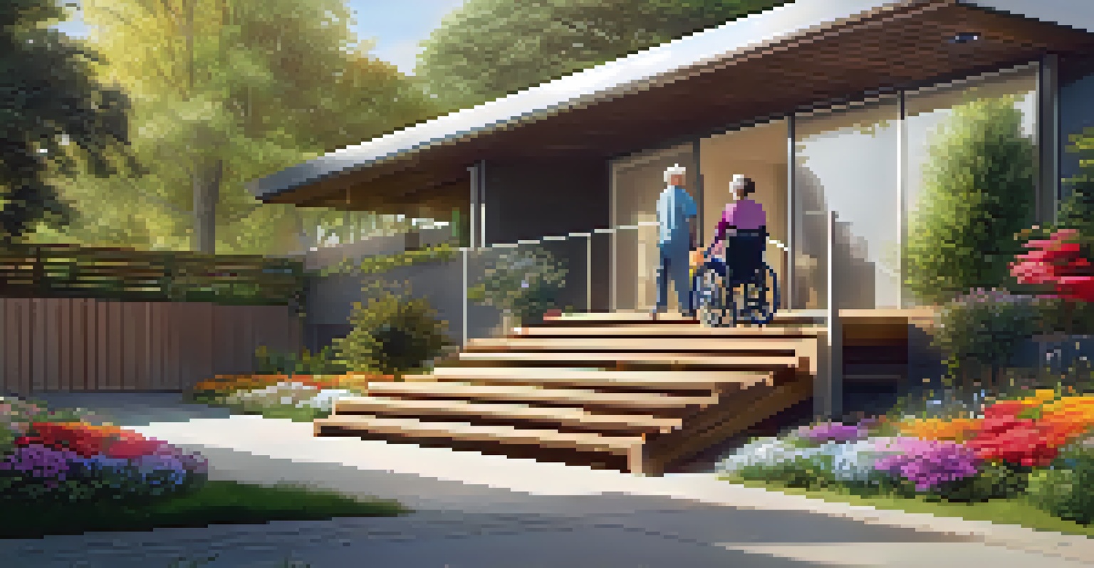 An outdoor ramp leading to a modern home, where a caregiver assists an individual in a wheelchair, surrounded by a vibrant garden.