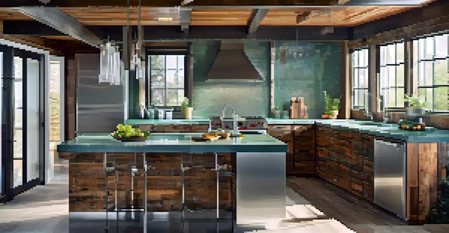 A modern kitchen with a recycled glass countertop, stainless steel appliances, and reclaimed wood cabinets, illuminated by natural light.