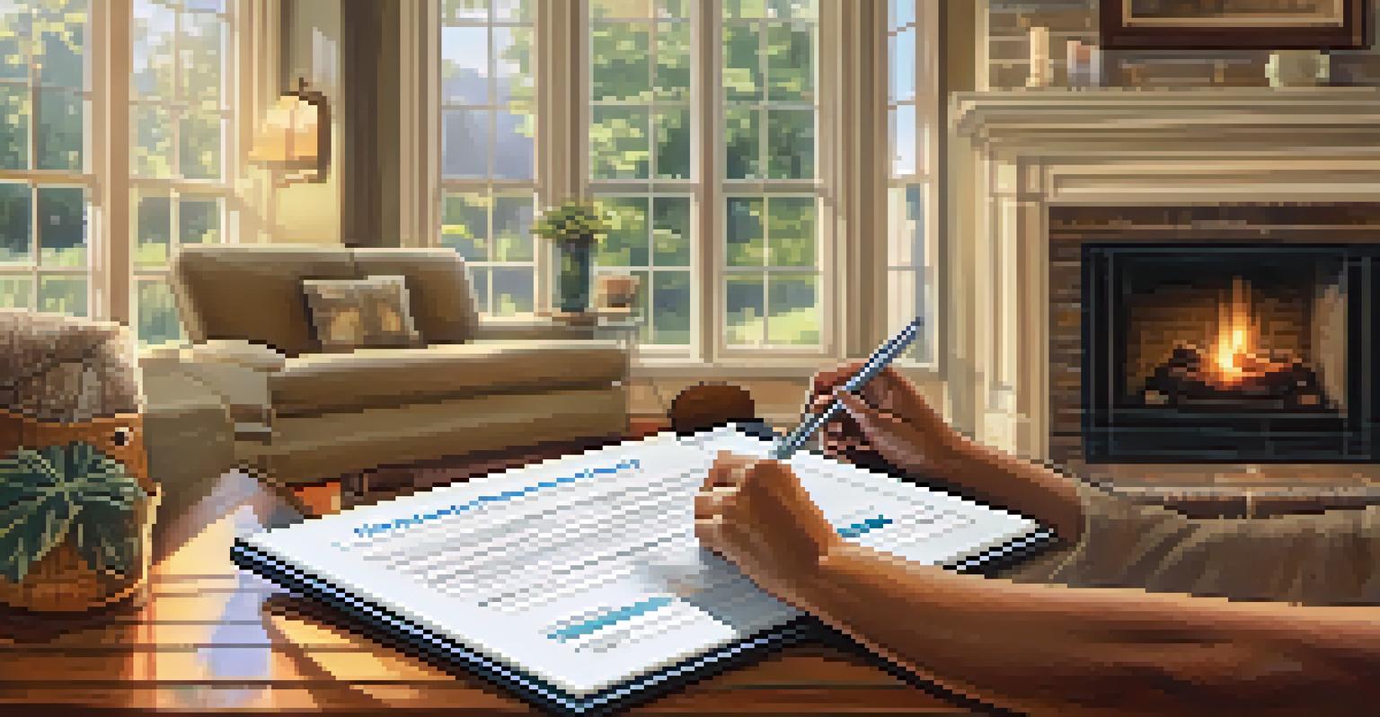 Close-up of a clipboard with a home inspection report in a cozy living room with a fireplace.