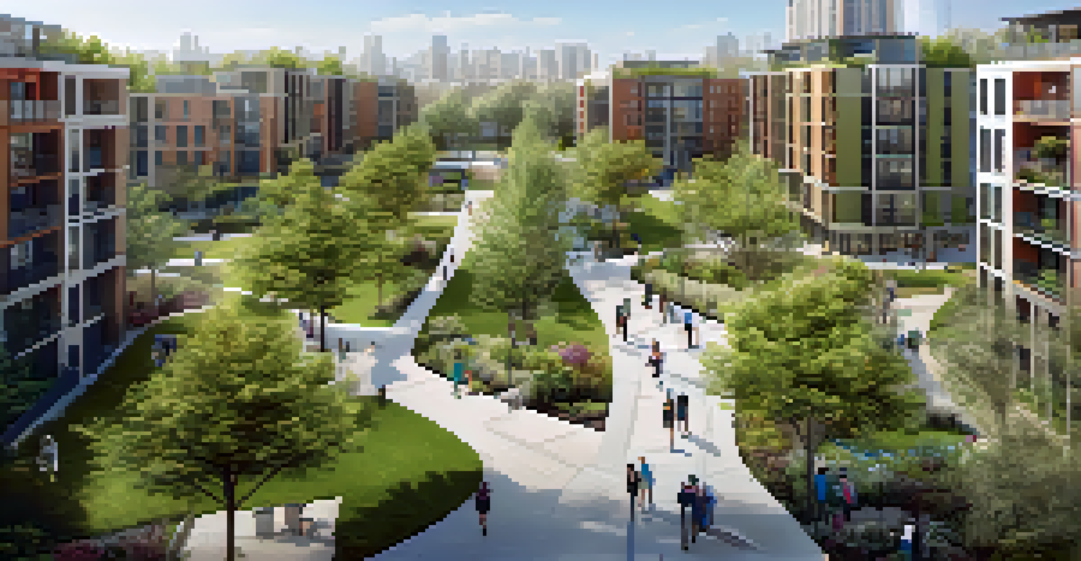 An aerial view of a modern urban development with residential buildings and green parks, showcasing community spaces.