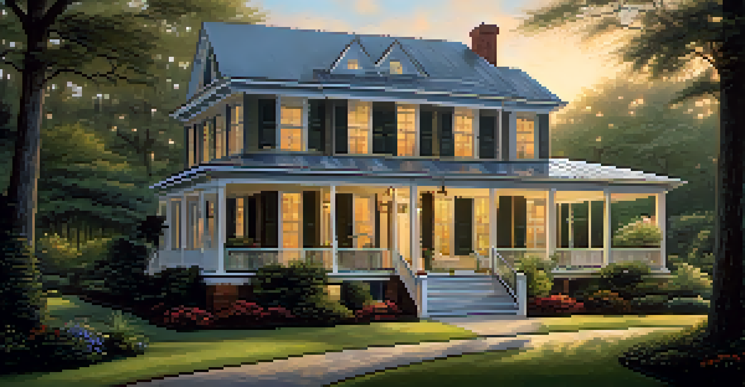 A Southern home with a large wraparound porch and lush greenery, bathed in the golden light of sunset.