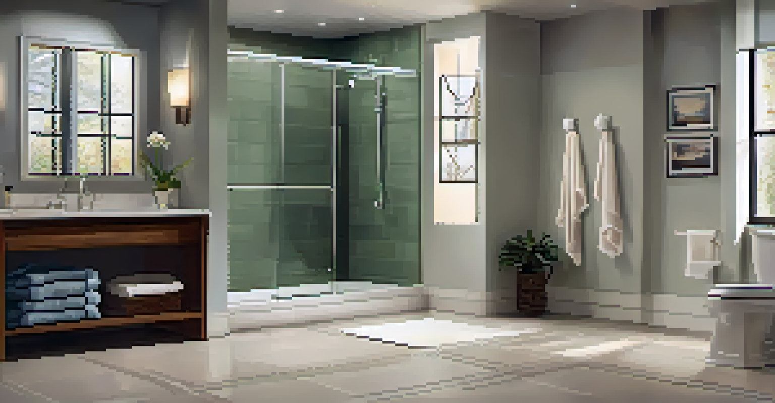 An accessible bathroom with grab bars, a walk-in shower, and an adjustable sink. The bathroom is designed with slip-resistant tiles and contrasting colors, illuminated by soft lighting.