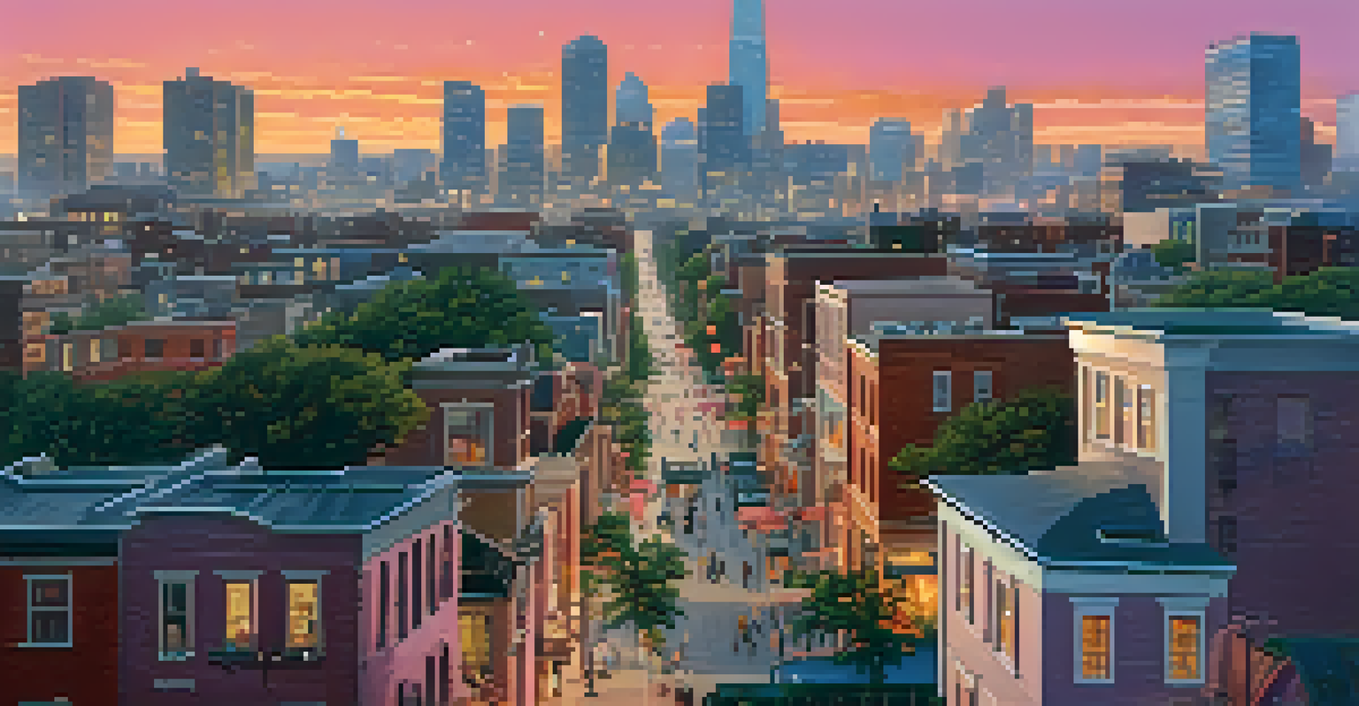 A vibrant sunset view of a bustling urban area with residential and commercial properties, symbolizing real estate investment opportunities.