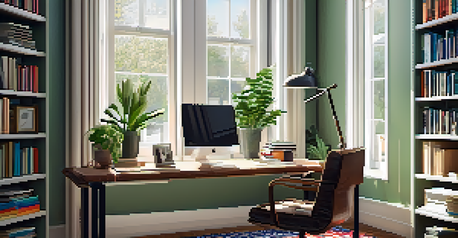 A serene home office with a vibrant rug under a modern desk and plants in the background.