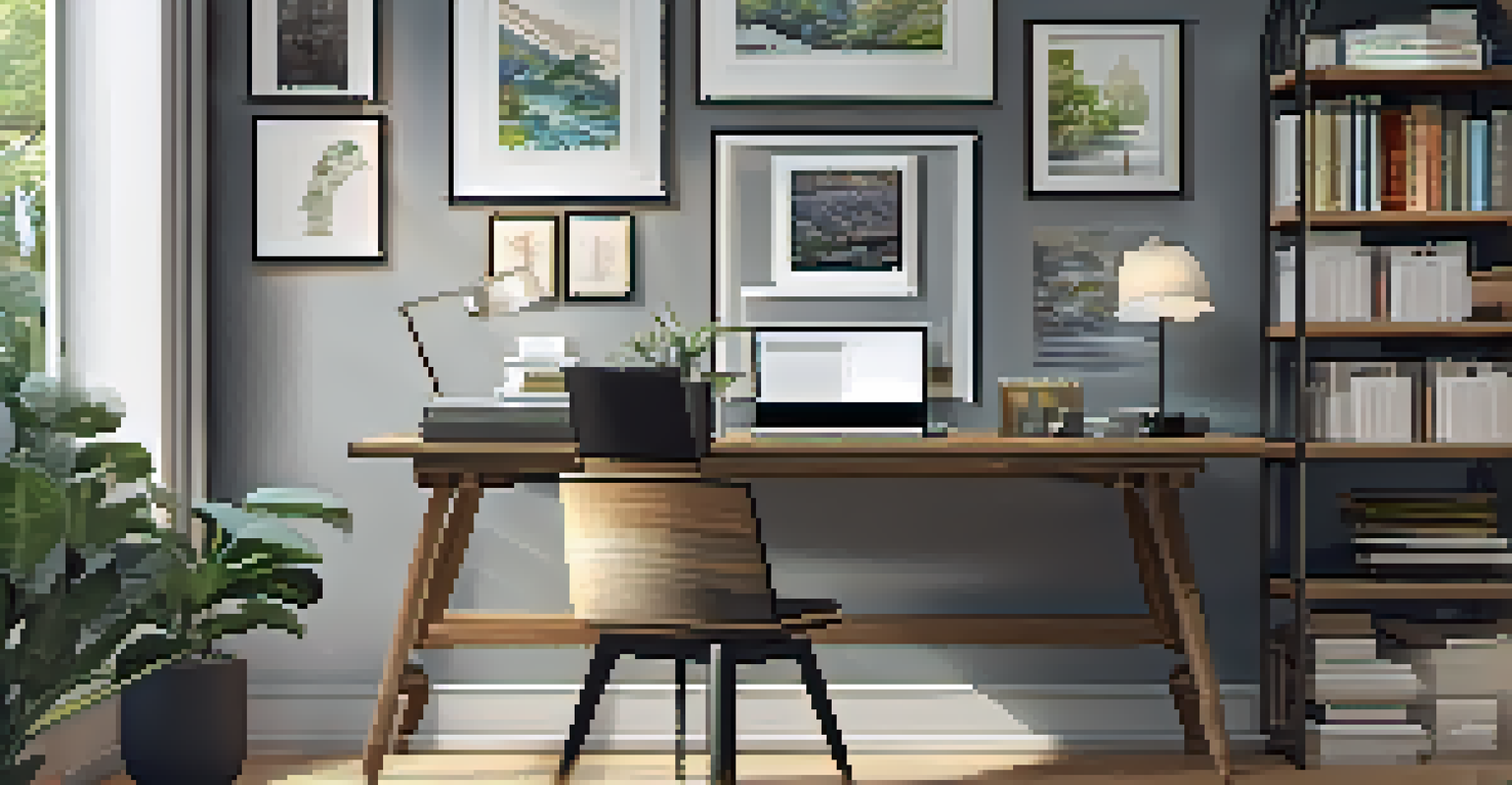 A sleek home office with a desk, laptop, stationery, and a comfortable chair, decorated with artwork and a bookshelf in the background.