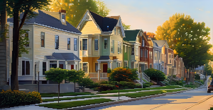 A peaceful neighborhood with different types of homes including single-family houses and duplexes, surrounded by lush trees and green spaces during sunset.