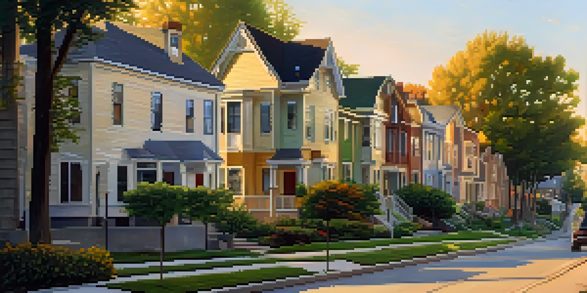 A peaceful neighborhood with different types of homes including single-family houses and duplexes, surrounded by lush trees and green spaces during sunset.