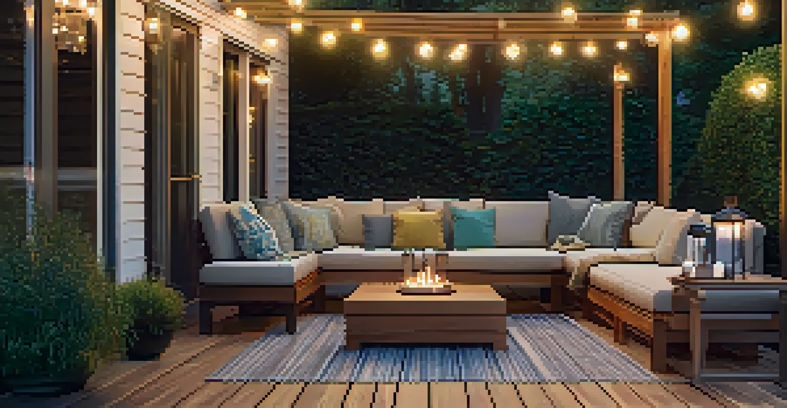 A newly renovated outdoor wooden deck with seating and string lights, surrounded by a lush garden in the evening light.