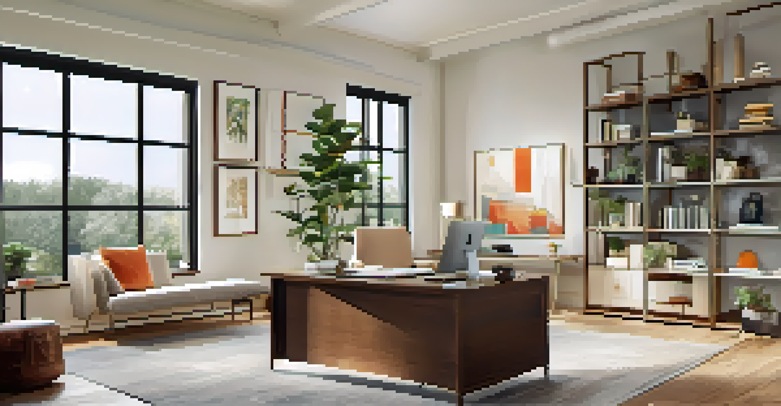 A modern home office with a fold-down desk and modular sofa, filled with natural light from large windows.