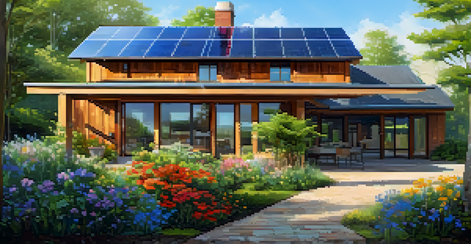 A sustainable home with solar panels and reclaimed wood, set in a vibrant garden under a sunny sky.