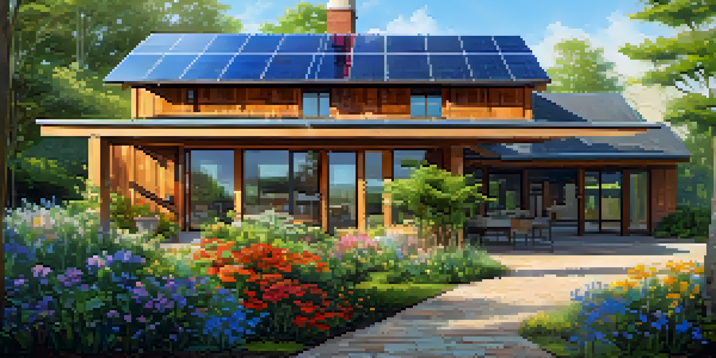 A sustainable home with solar panels and reclaimed wood, set in a vibrant garden under a sunny sky.