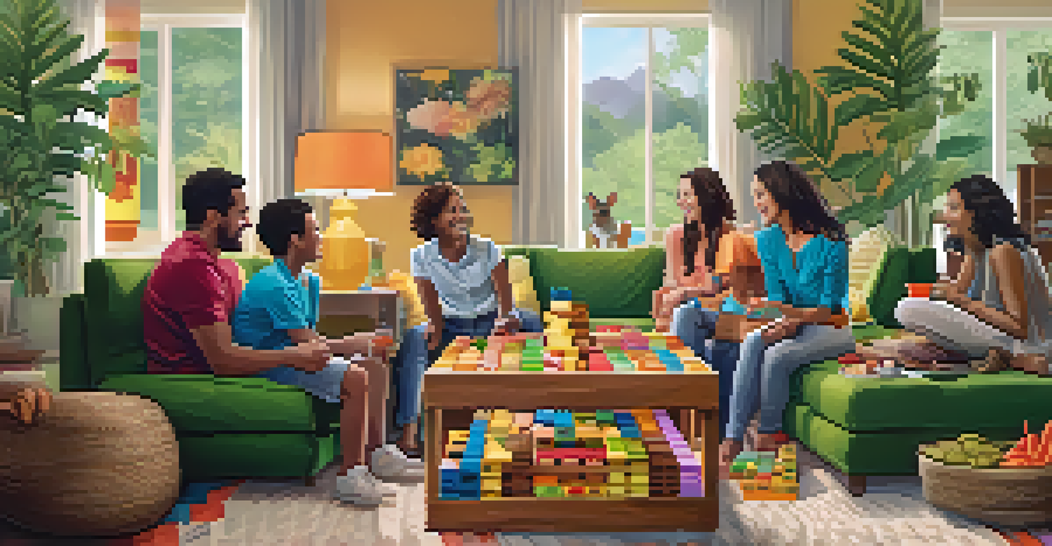 A lively family game night with people playing giant Jenga in a colorful, inviting space.