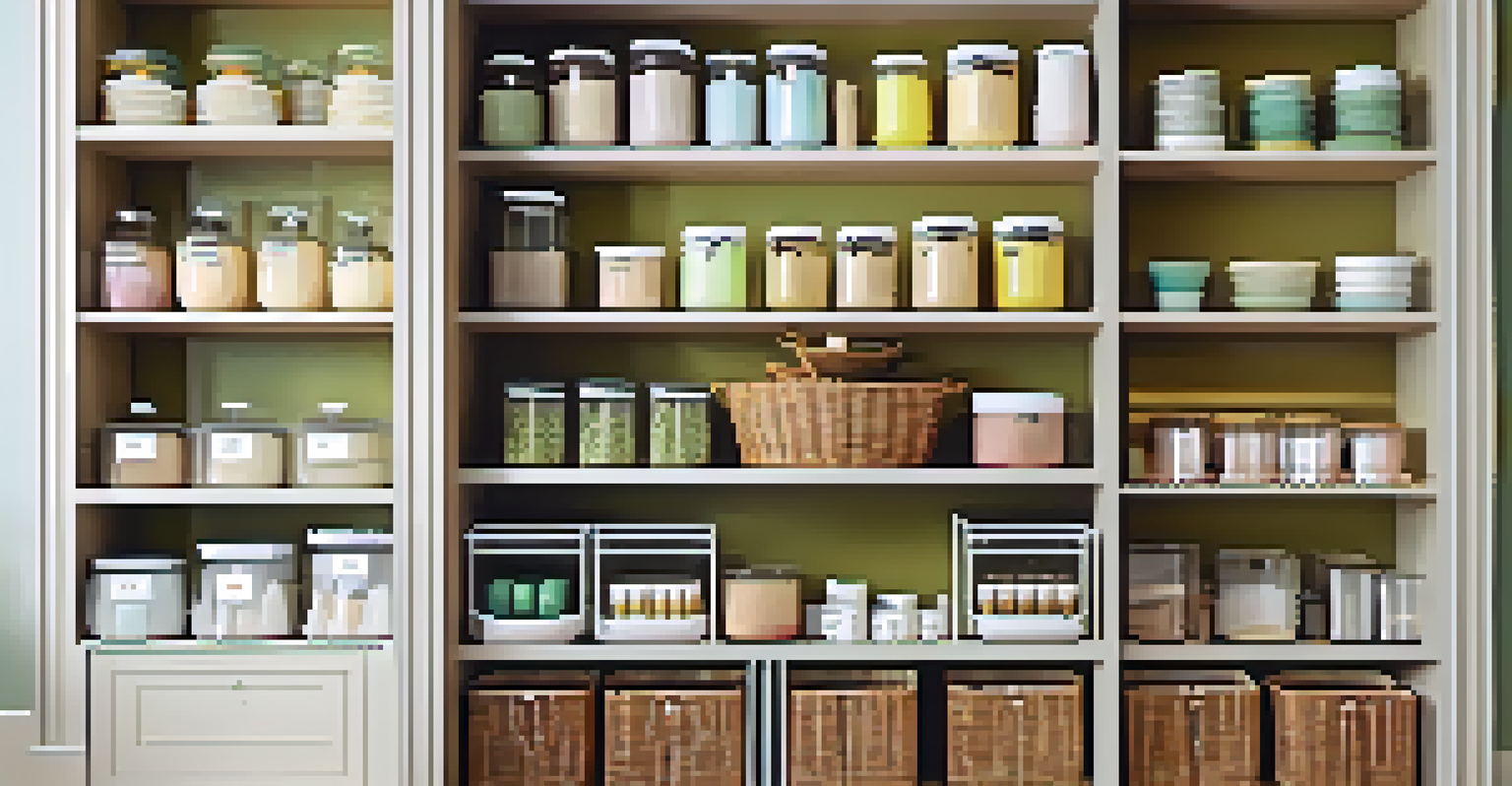 An organized kitchen pantry filled with baskets and stackable containers in bright pastel colors, enhanced by effective lighting.