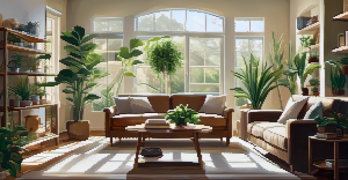 A bright living room with sunlight streaming through a large window, showcasing indoor plants and a cozy sofa.