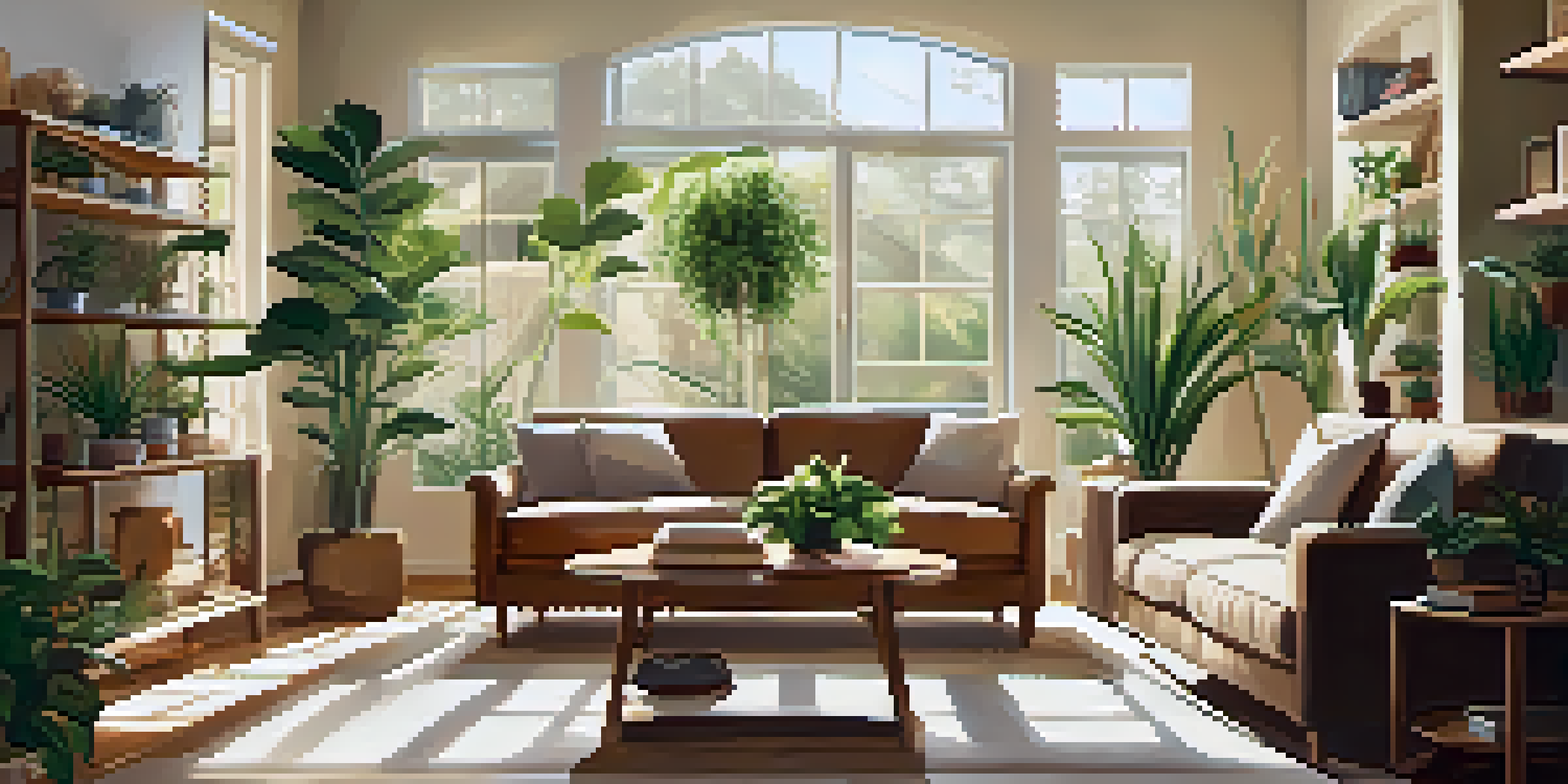 A bright living room with sunlight streaming through a large window, showcasing indoor plants and a cozy sofa.