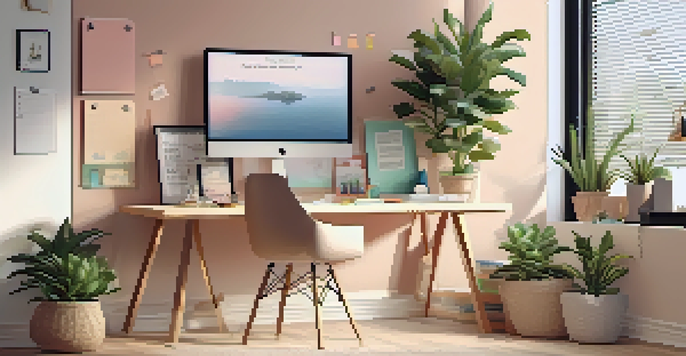 A modern home office with a laptop on a wooden desk, plants, and a large window with natural light.