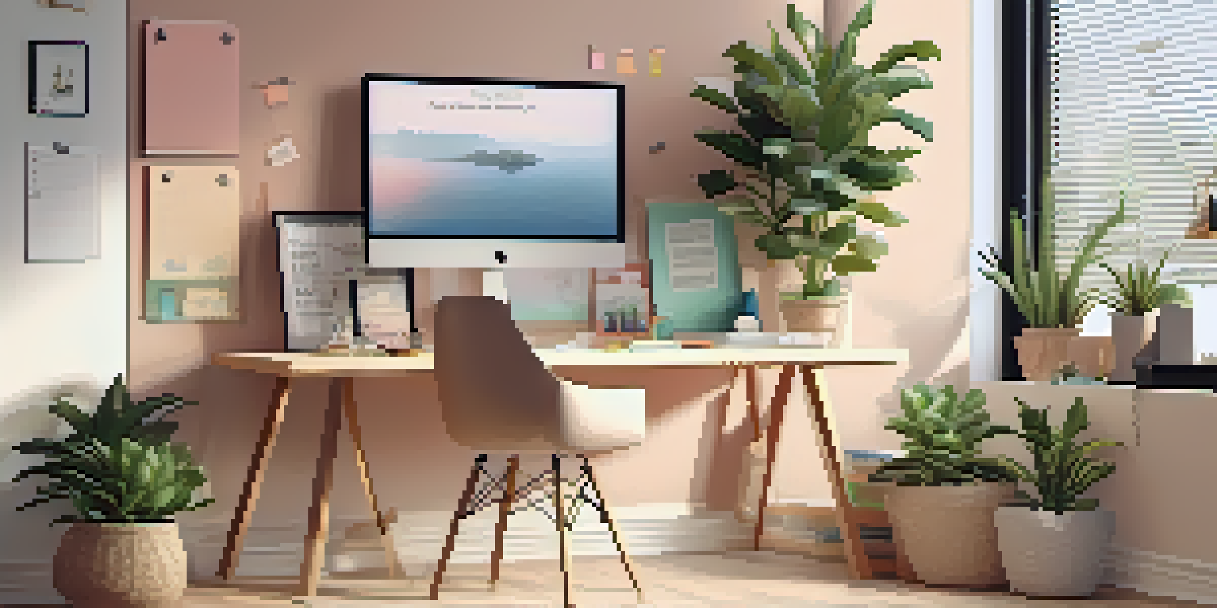A modern home office with a laptop on a wooden desk, plants, and a large window with natural light.
