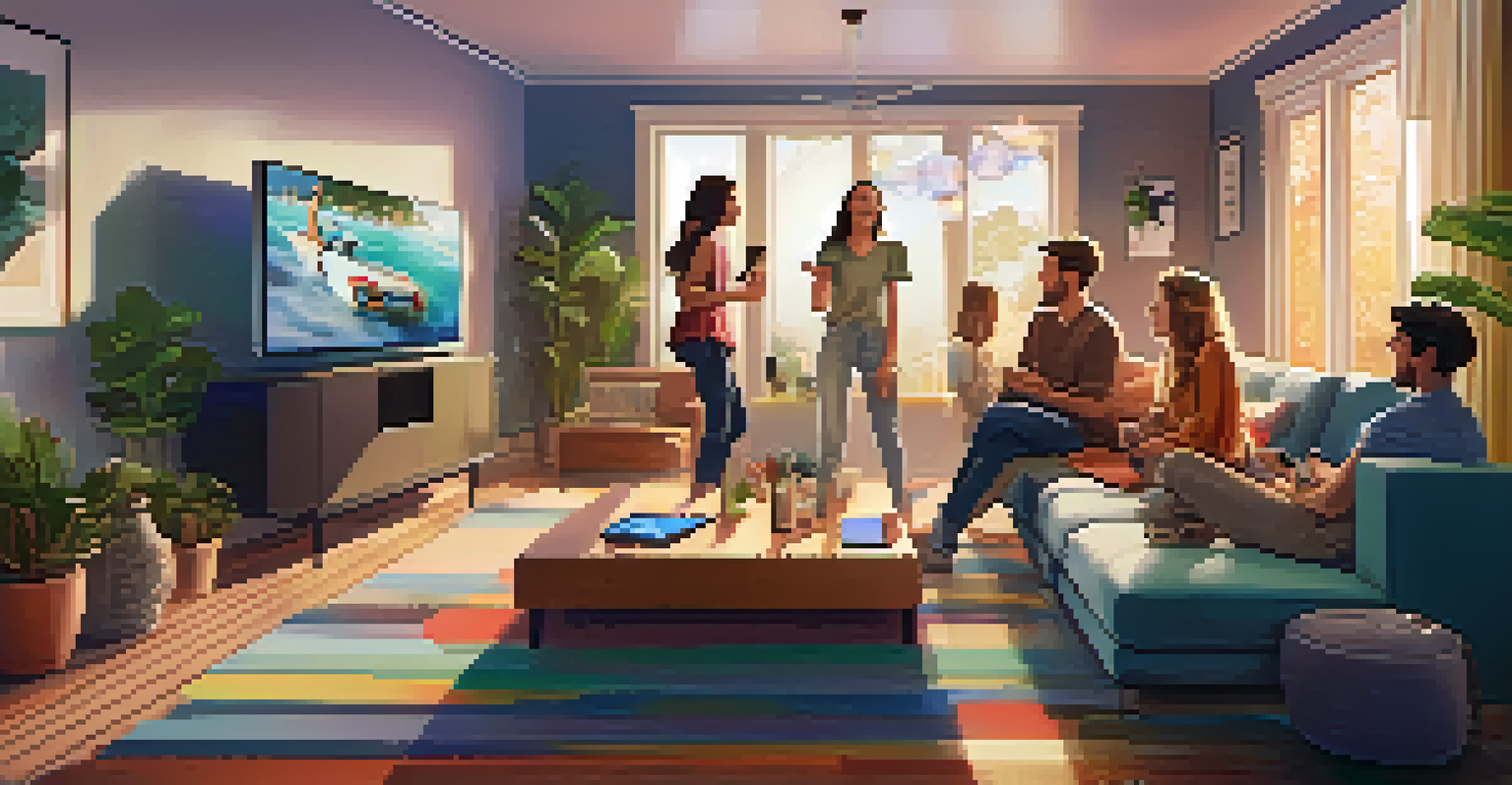 A lively living room with friends enjoying music and a show, featuring a smart speaker and vibrant ambient lighting.