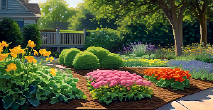 A garden bed with straw mulch and green vegetables, illuminated by sunlight, with a butterfly nearby.