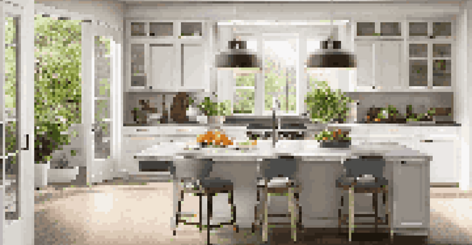 A modern kitchen with white cabinets, marble countertop, and natural light shining through a window.