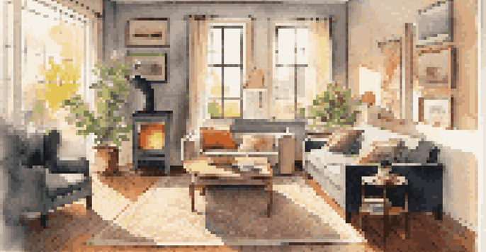 A bright and inviting living room with modern decor, featuring a sofa, coffee table, and sunlight streaming through the windows.