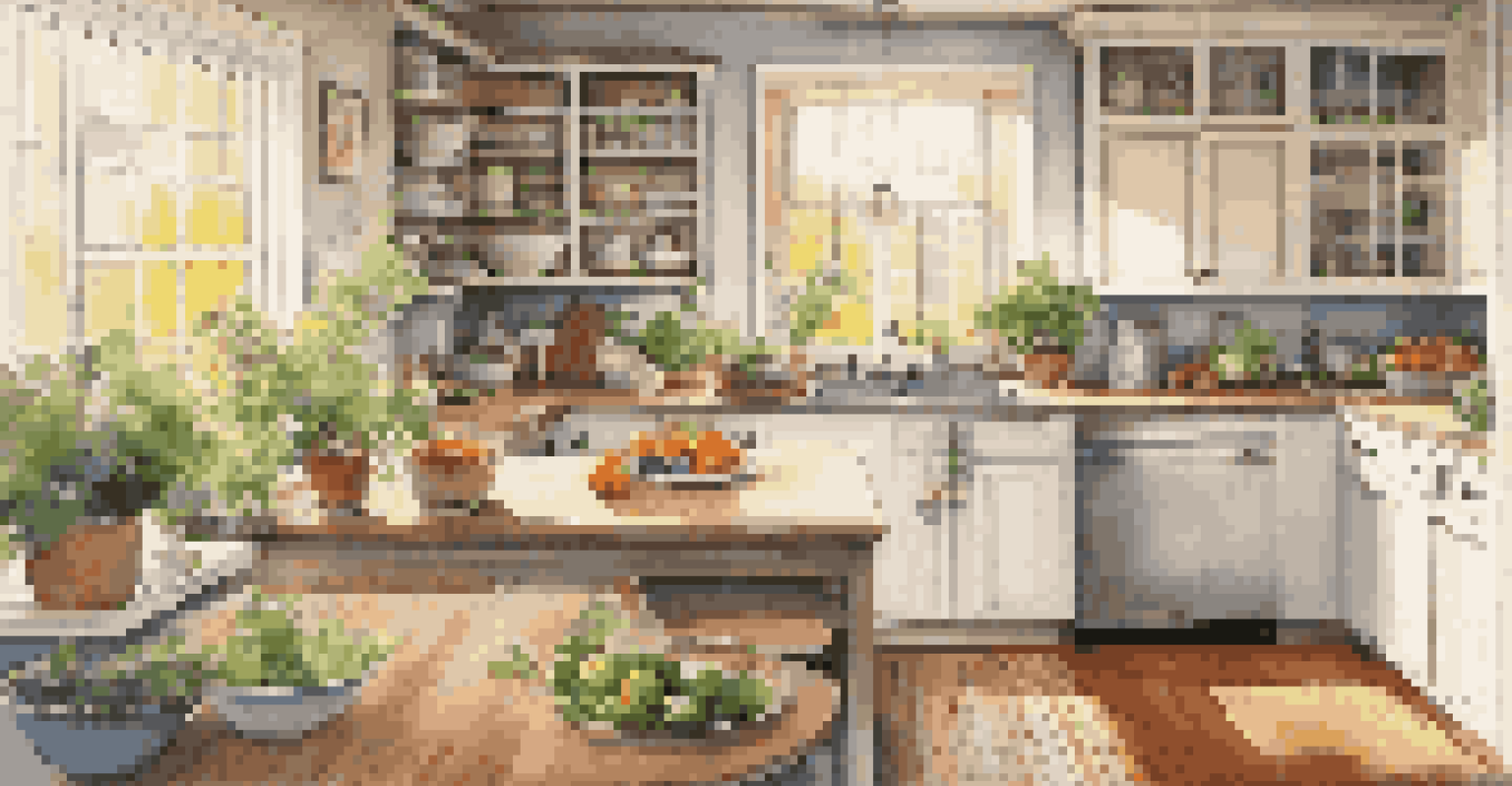 A bright kitchen with modern appliances and fresh ingredients on the countertops, illuminated by sunlight.