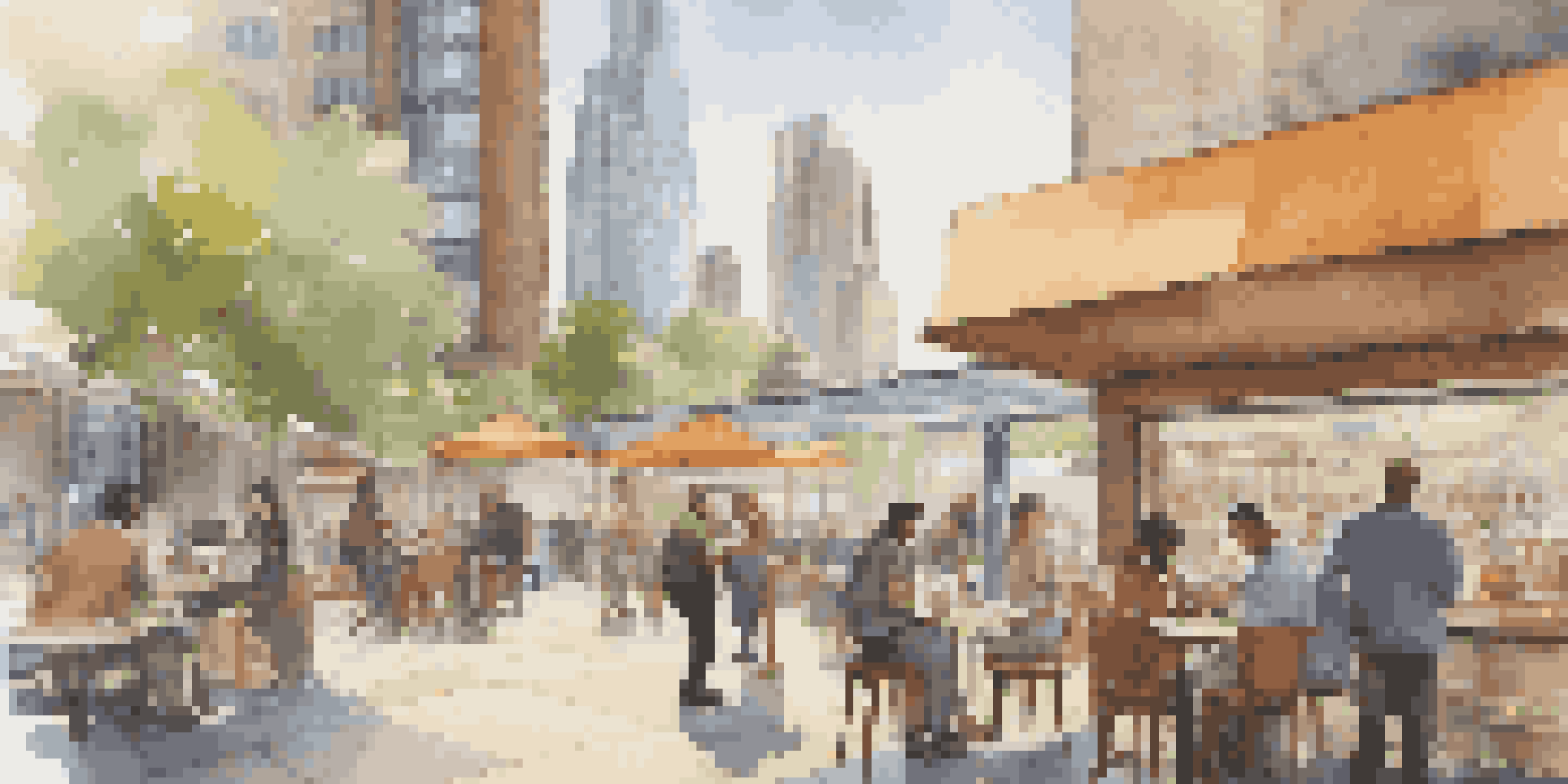 A lively city scene with people working on laptops in a coffee shop and tall buildings in the background, emphasizing a business environment.