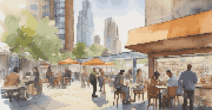 A lively city scene with people working on laptops in a coffee shop and tall buildings in the background, emphasizing a business environment.