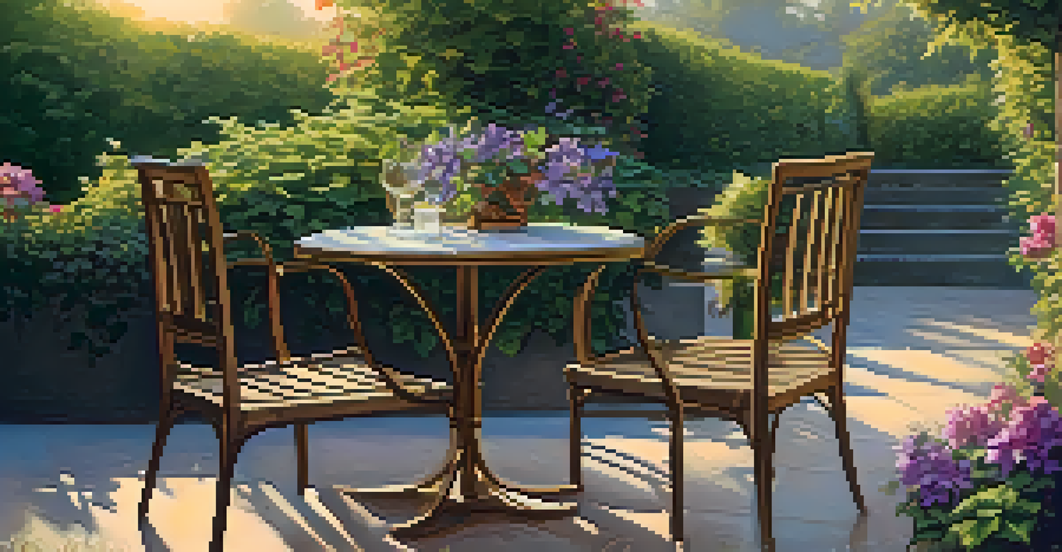 A cozy outdoor seating area adorned with climbing plants, illuminated by warm sunset light, featuring a small table and two chairs.