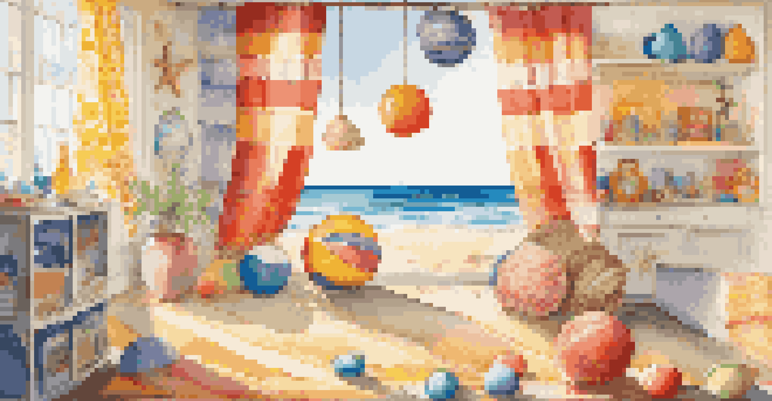 A lively children's room decorated with a summer beach theme featuring colorful decorations and bright sunlight.