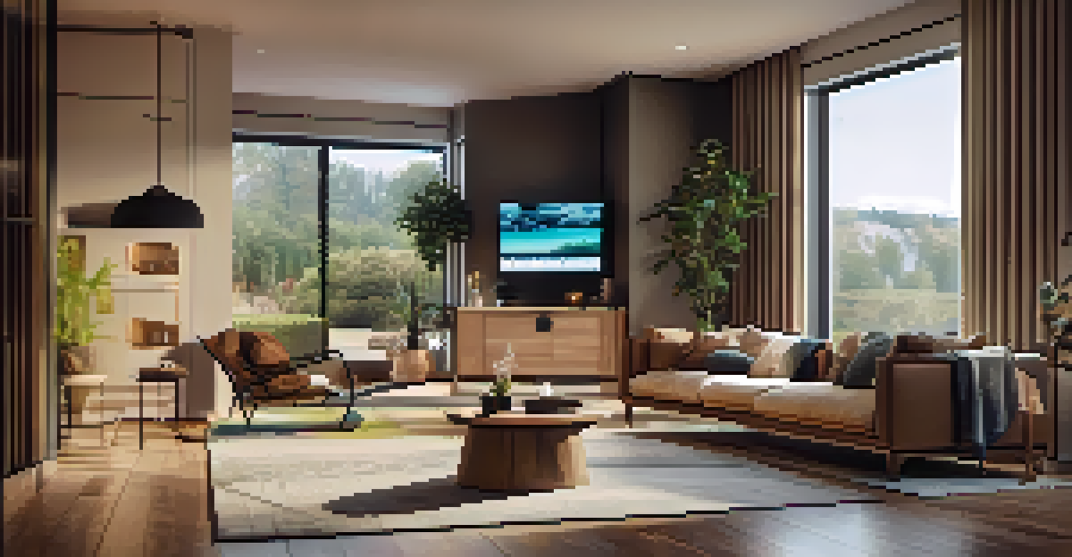 A modern living room with smart home technology, including a smart thermostat and energy-efficient lighting.
