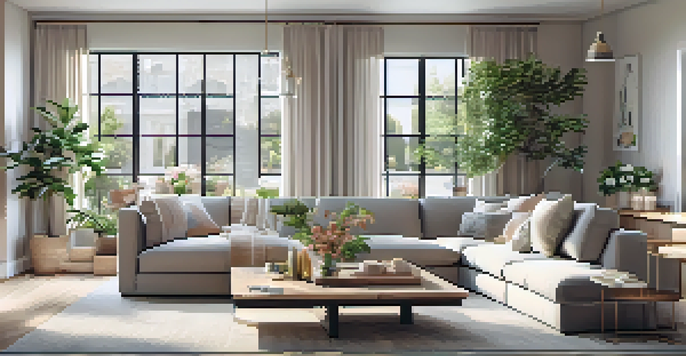 A spacious and bright open concept living area with a cozy sofa, dining table, and indoor plants, illuminated by natural light.