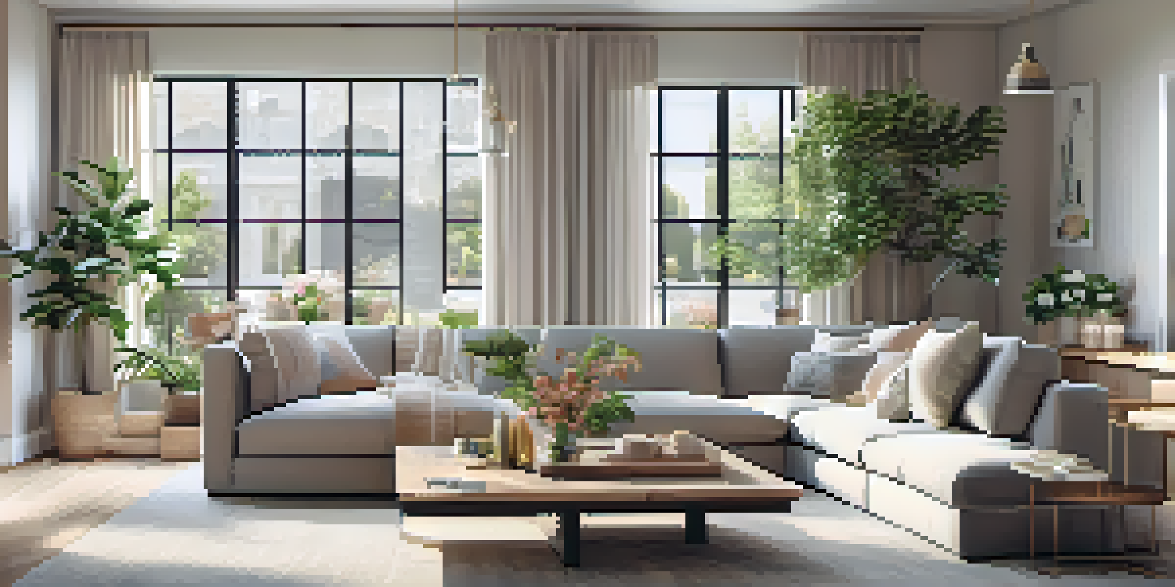 A spacious and bright open concept living area with a cozy sofa, dining table, and indoor plants, illuminated by natural light.