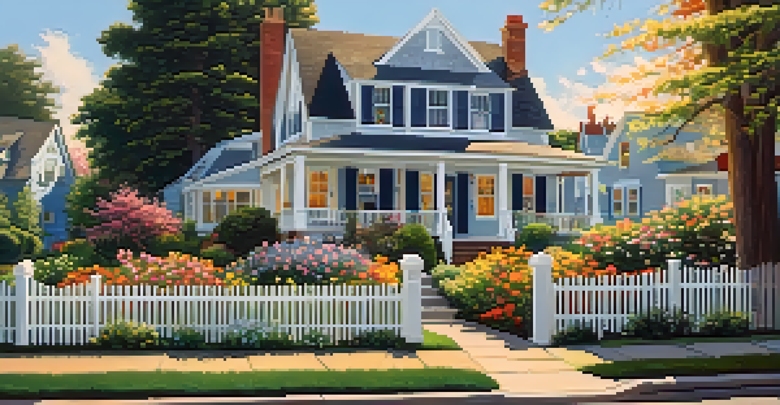 A suburban home with a blooming garden and a white picket fence under a clear blue sky.
