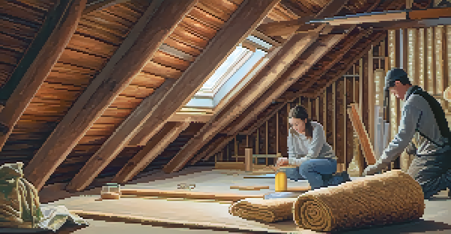An attic with energy-efficient insulation and a person inspecting it, highlighting winter roof maintenance.