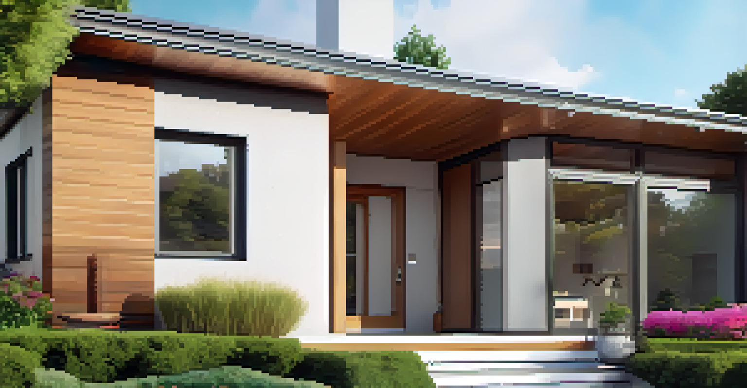 A modern smart home with a digital interface at the front door, surrounded by a colorful garden in bright sunlight.