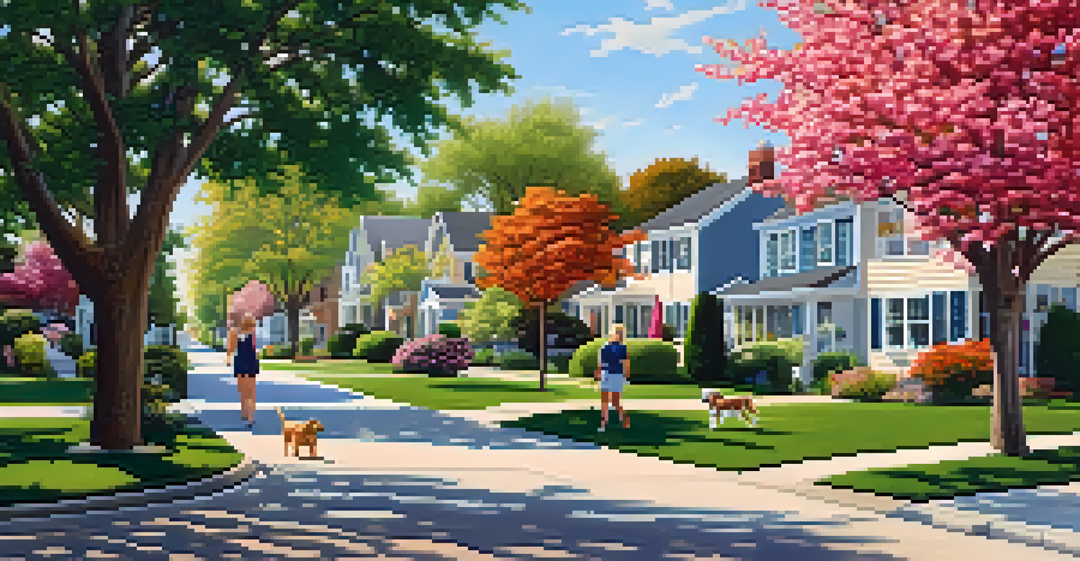 A picturesque suburban neighborhood with beautiful houses, manicured lawns, and a family walking a dog on a sunny day.