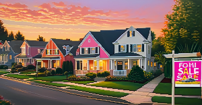 A suburban neighborhood at sunset with homes and 'For Sale' signs, showcasing a tranquil atmosphere.