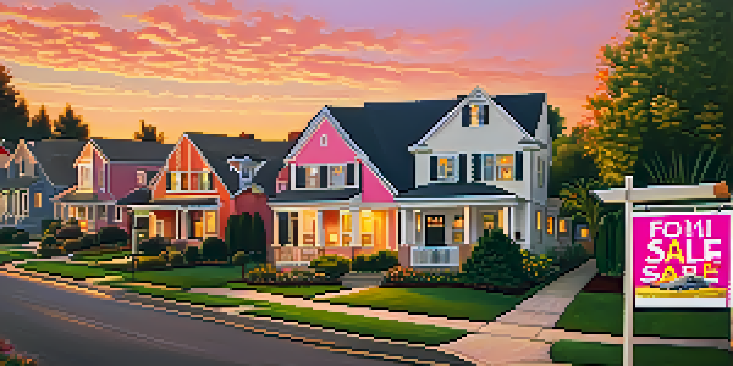 A suburban neighborhood at sunset with homes and 'For Sale' signs, showcasing a tranquil atmosphere.