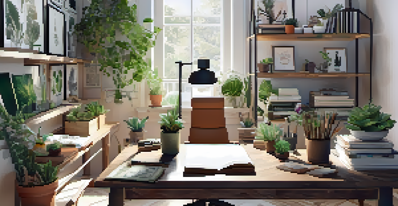 A bright and creative workspace showcasing inspiring artwork, a vision board, and green plants, emphasizing a motivational and artistic environment.
