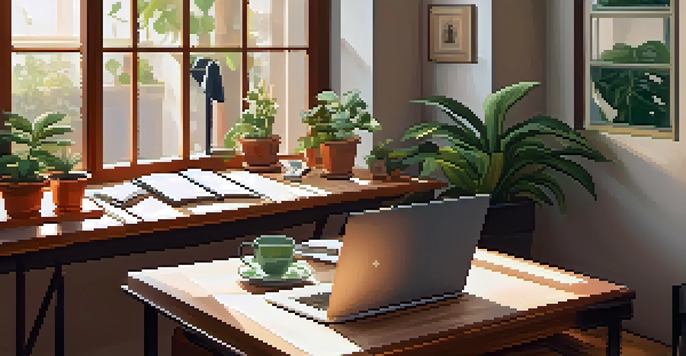 A comfortable office setting with a wooden desk, laptop, notepad, coffee cup, and plants, bathed in natural light.