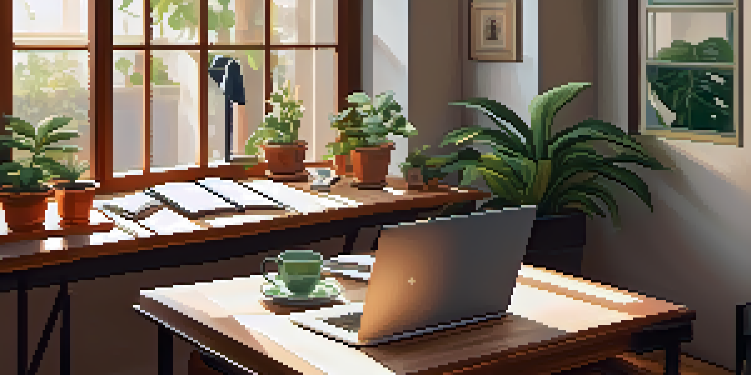 A comfortable office setting with a wooden desk, laptop, notepad, coffee cup, and plants, bathed in natural light.
