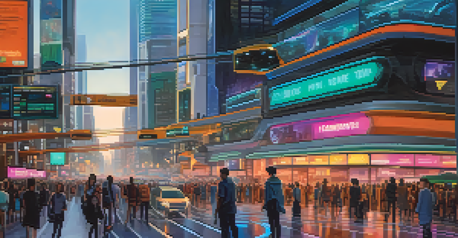 A futuristic city with autonomous vehicles and smart traffic systems, illuminated by bright neon lights at dusk.