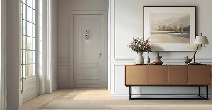 A bright and inviting minimalist entryway with a console table, fresh flowers, and a coat rack.