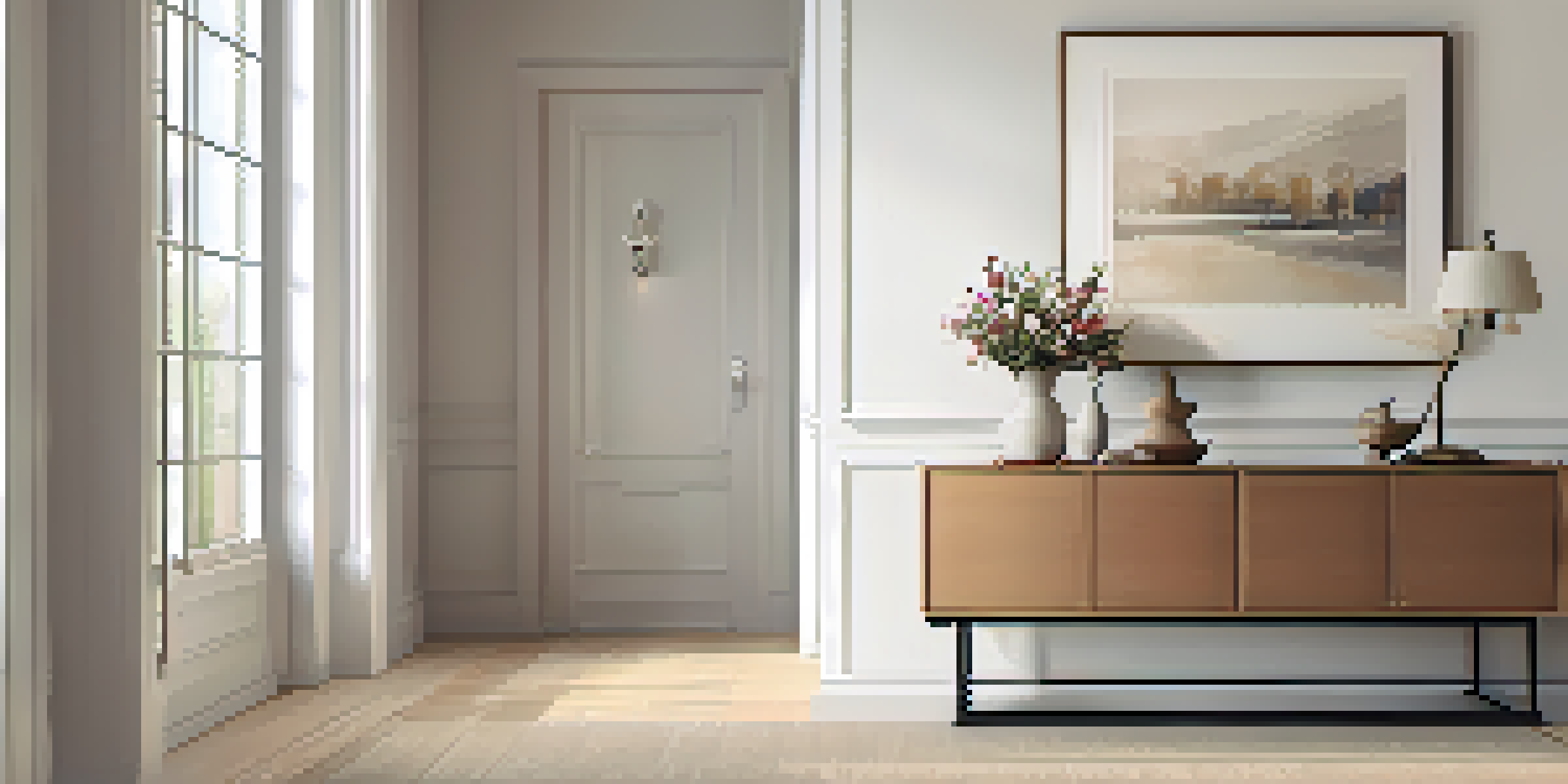 A bright and inviting minimalist entryway with a console table, fresh flowers, and a coat rack.
